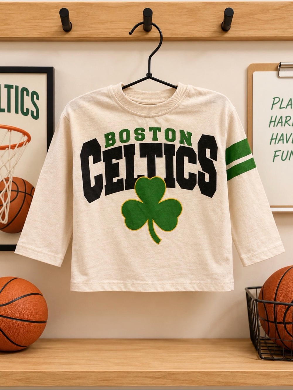 Boston Celtics Cream & Green Kids' Long-Sleeve Tee  9-12 months